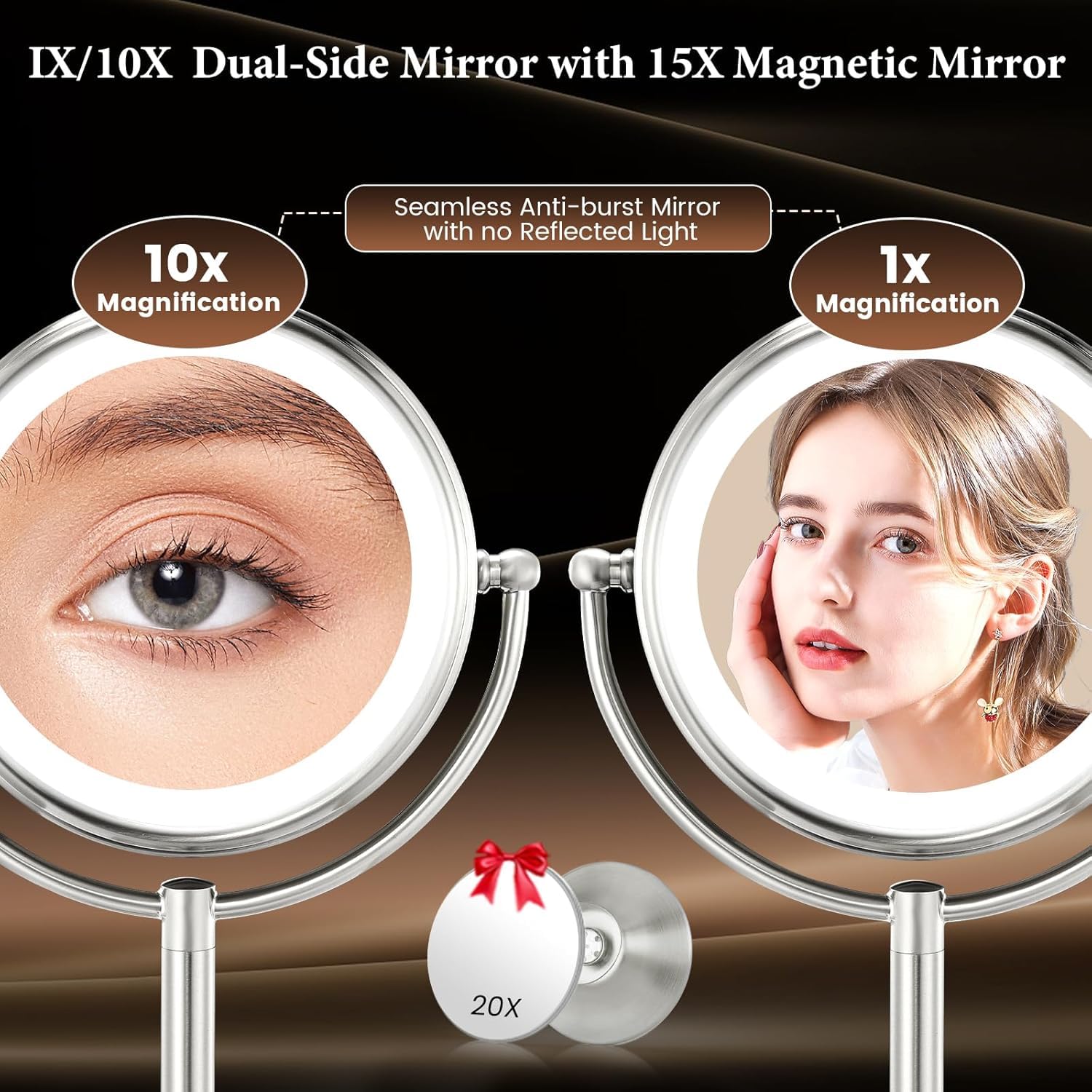 VESAUR 2026 Upgraded 9-Inch Lighted Makeup Mirror | 10X/20X HD Magnification, 3-Color LED, 5000mAh