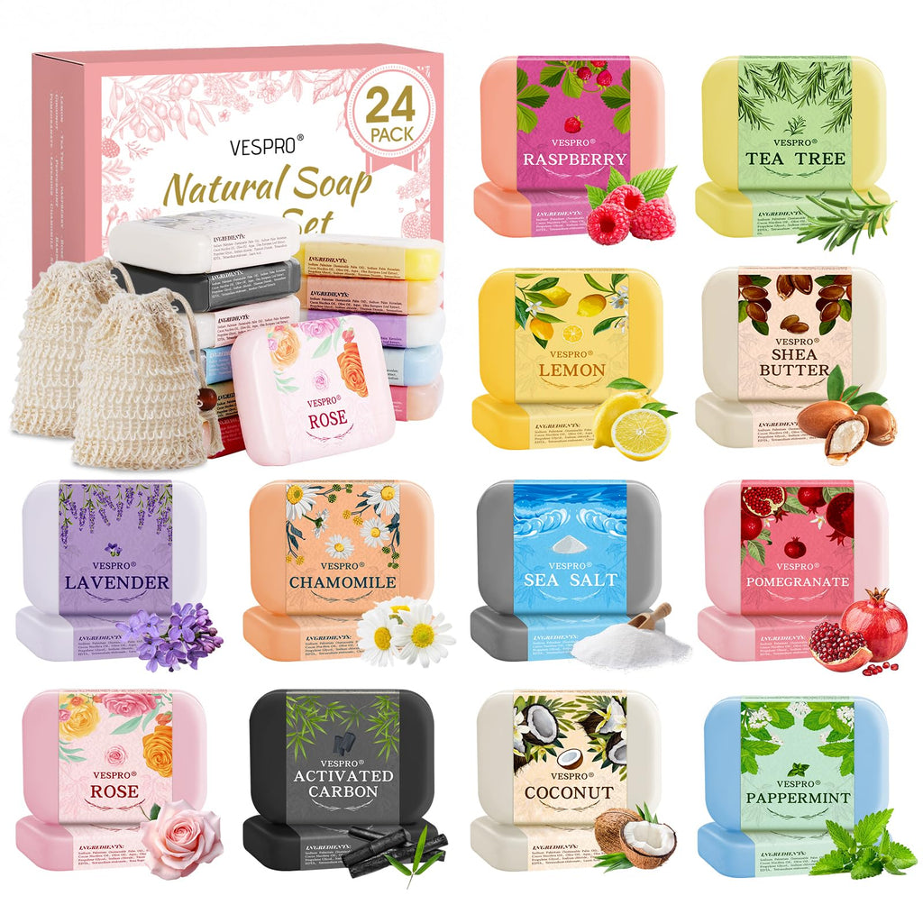 VESPRO 24-Pack Natural Bar Soap Gift Set – Olive Oil Moisturizing Soap, Travel Size