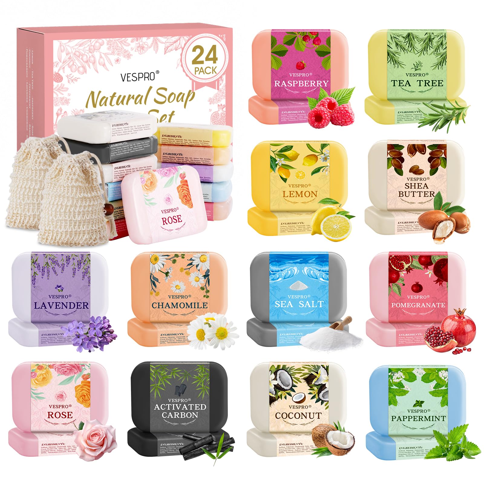 VESPRO 24-Pack Natural Bar Soap Gift Set – Olive Oil Moisturizing Soap, Travel Size