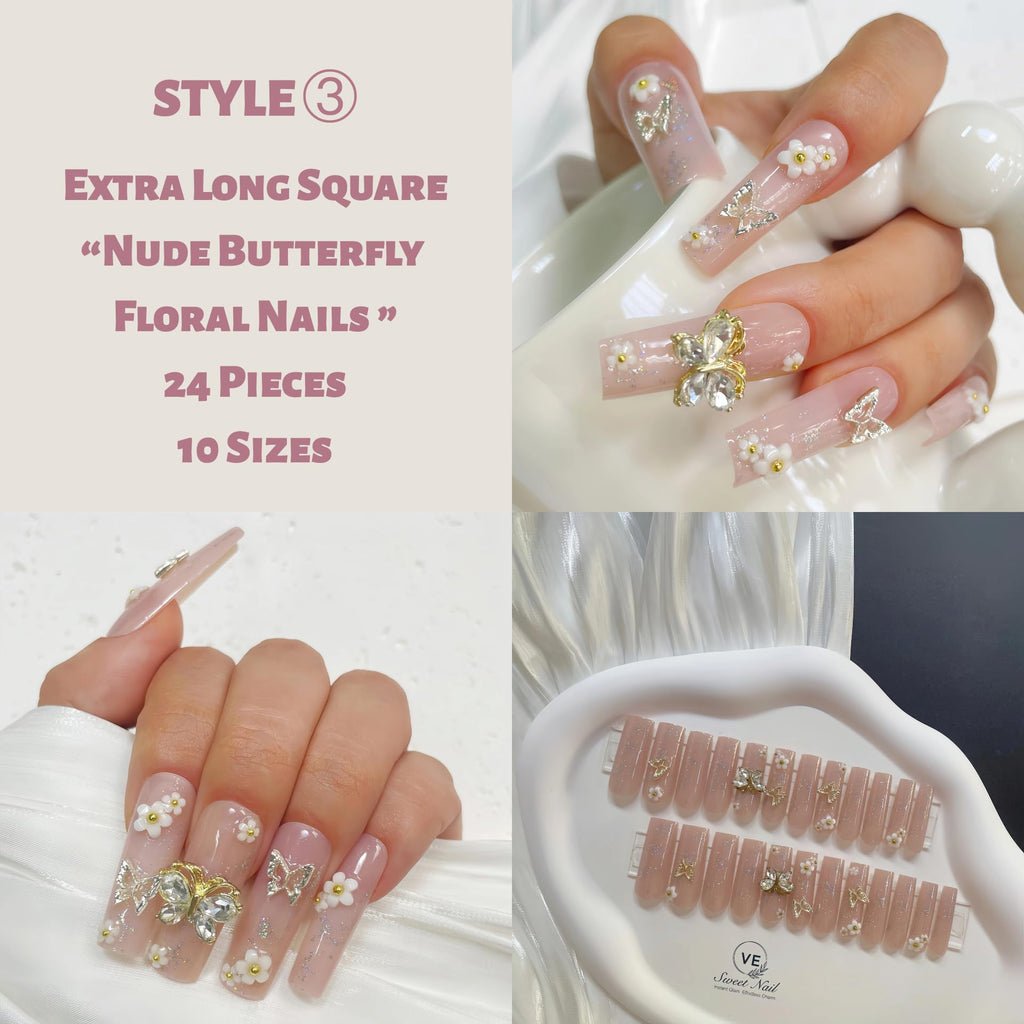 VESWEET Extra Long Square Press-On Nails – 4-Box 3D Design Set