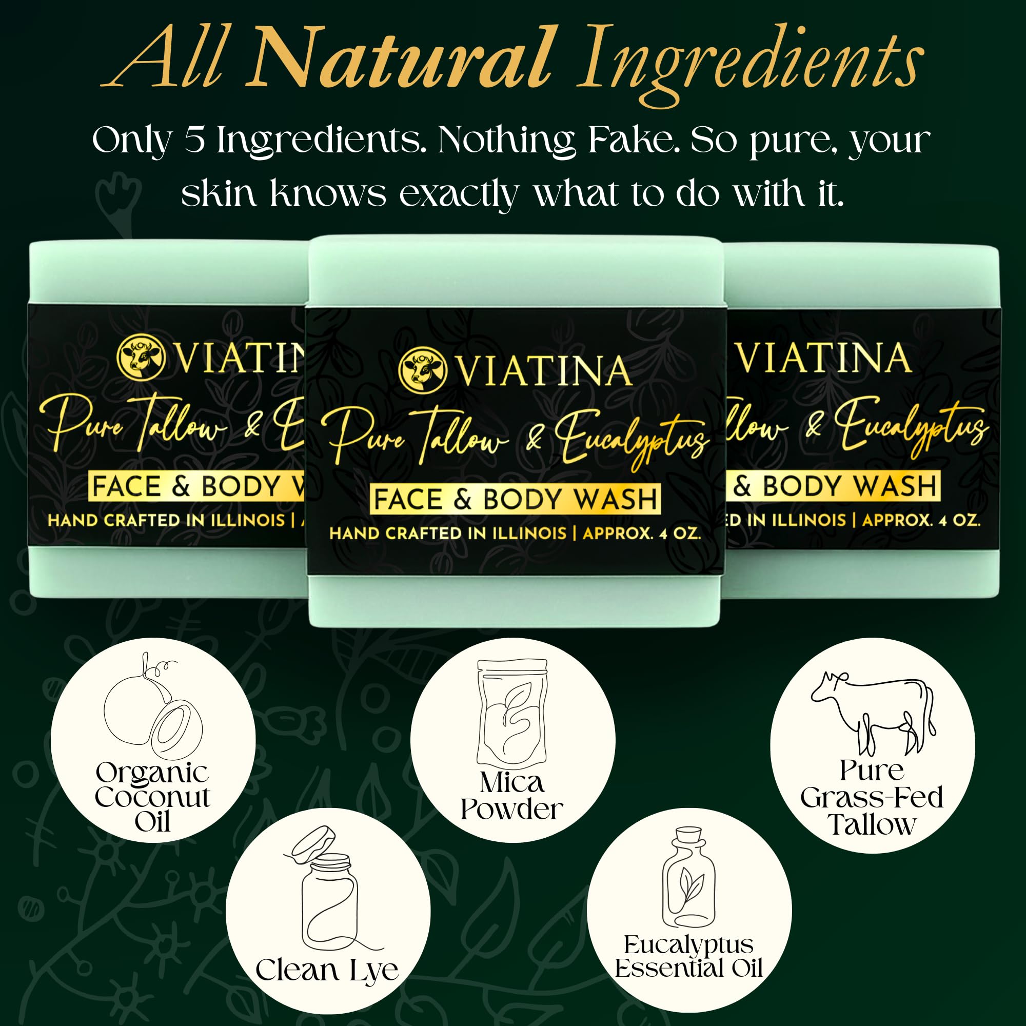 Viatina 100% Grass-Fed Beef Tallow Soap Bar – Eucalyptus, Handmade in USA, 3-Pack