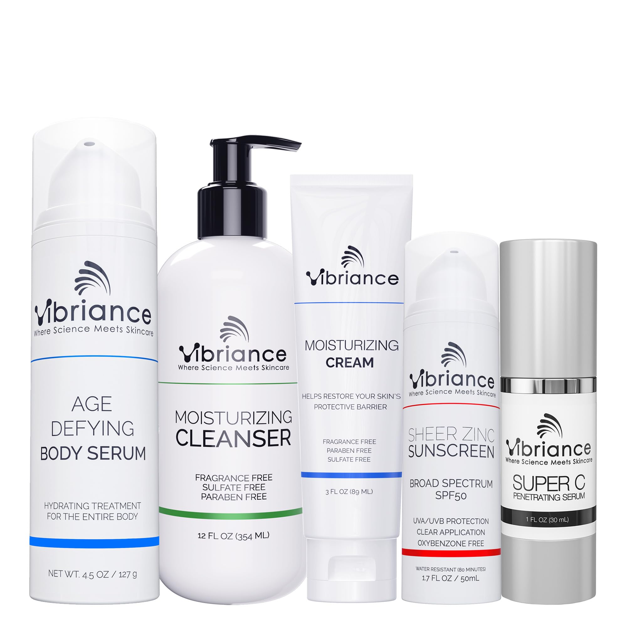 Vibriance Premium Skincare Bundle | Super C Serum, Gentle Cleanser, Lightweight Moisturizing Cream, Sheer Zinc SPF 50, Age Defying Body Serum