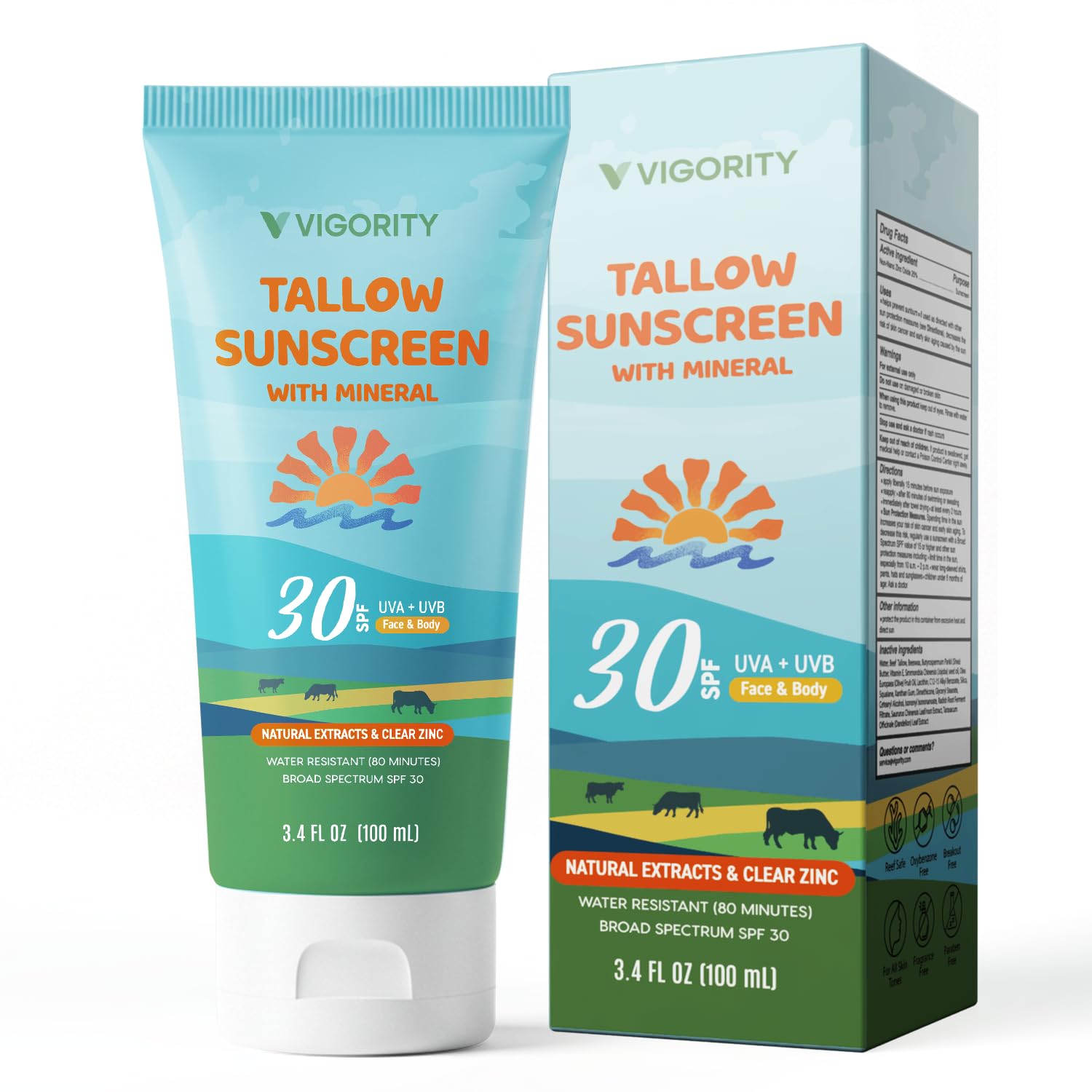 Vigority Beef Tallow Sunscreen with Zinc Oxide SPF 50 – Mineral Non-Toxic Sunblock for Face & Body | 10 Food-Grade Botanical Extracts
