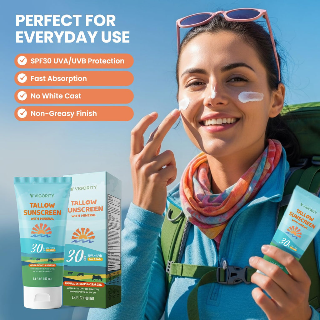Vigority Beef Tallow Sunscreen with Zinc Oxide SPF 50 – Mineral Non-Toxic Sunblock for Face & Body | 10 Food-Grade Botanical Extracts
