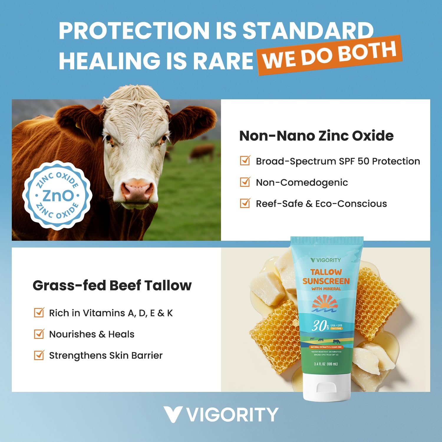 Vigority Beef Tallow Sunscreen with Zinc Oxide SPF 50 – Mineral Non-Toxic Sunblock for Face & Body | 10 Food-Grade Botanical Extracts