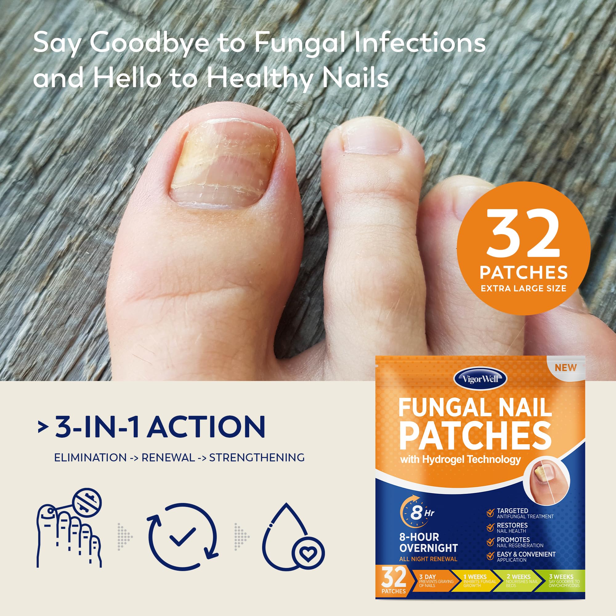VigorWell Toenail Fungus Treatment Extra Strength - 32 Nighttime Hydrogel Patches for Overnight Nail Repair
