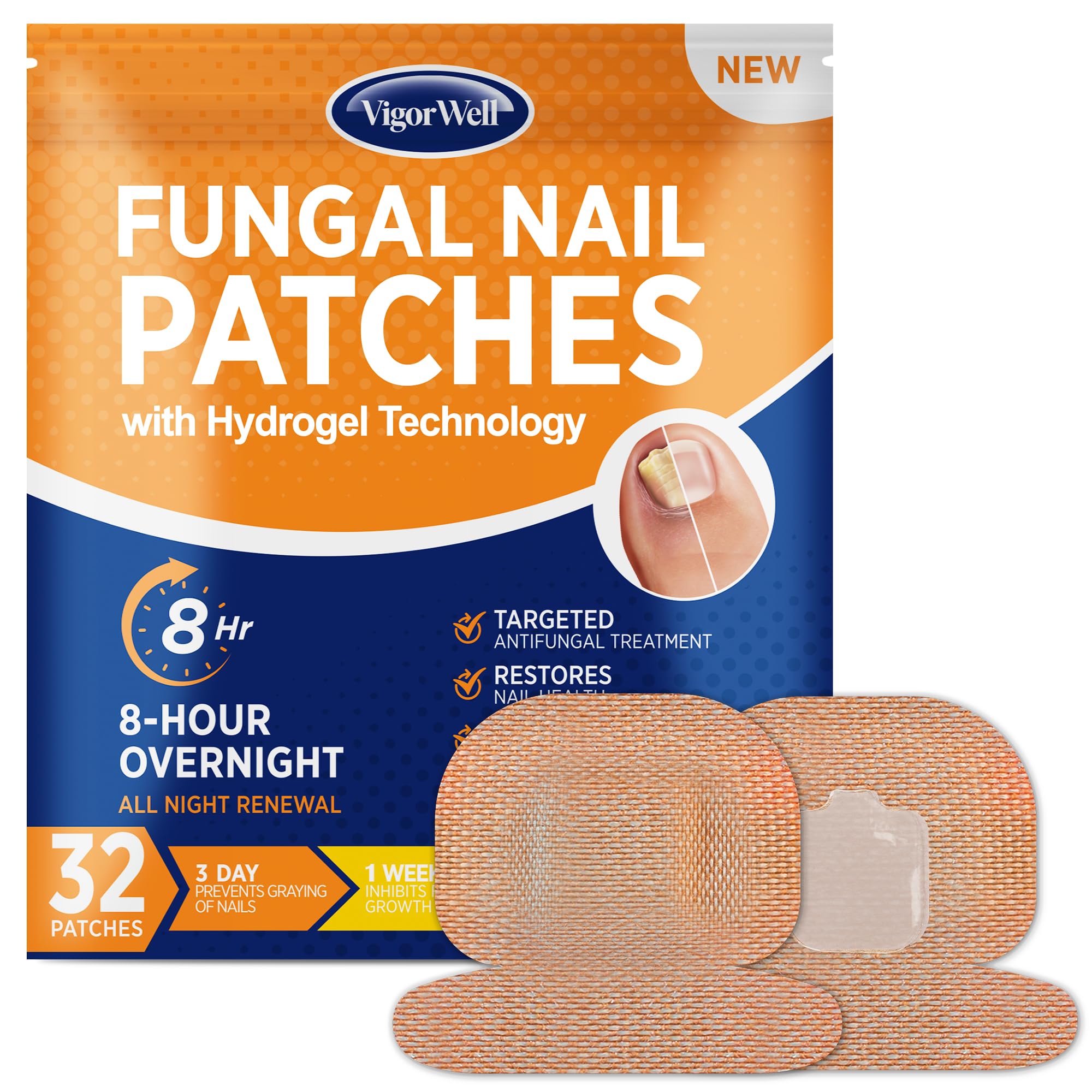 VigorWell Toenail Fungus Treatment Extra Strength - 32 Nighttime Hydrogel Patches for Overnight Nail Repair