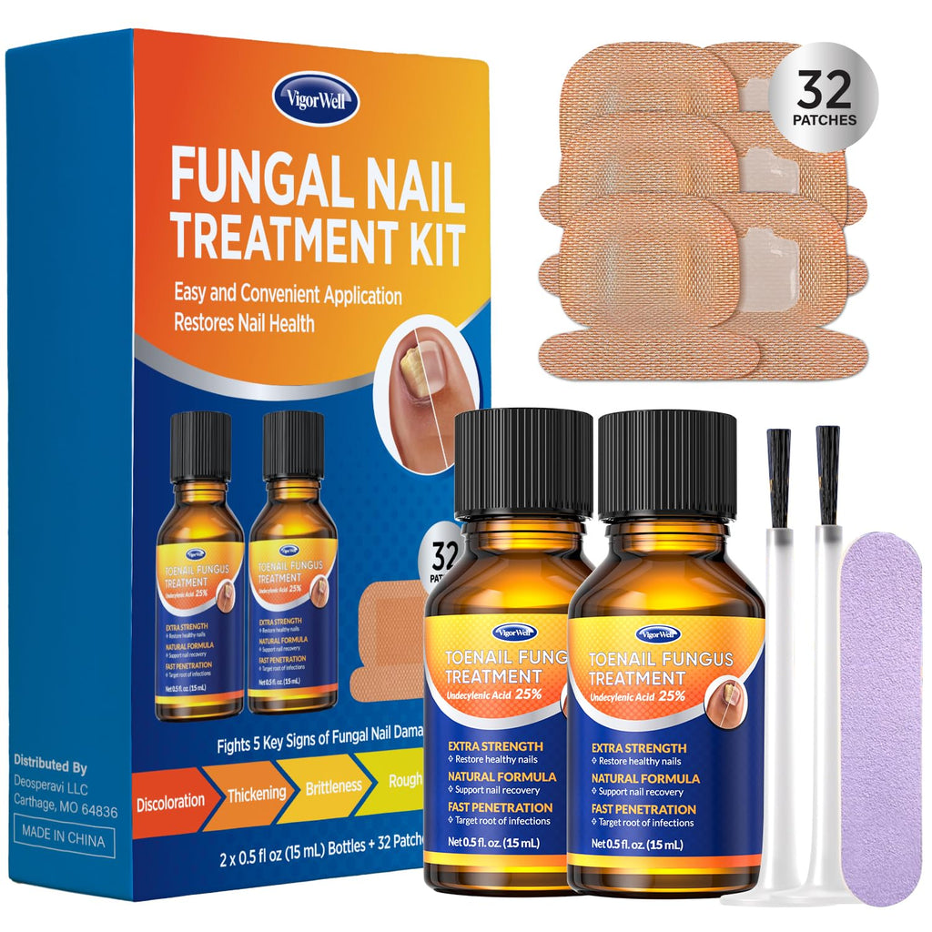VigorWell Toenail Treatment Extra Strength – Dual Action Nail Repair Kit (30 ml Gel + 32 Patches)
