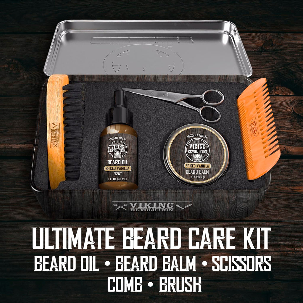 Viking Revolution Ultimate Beard Kit Spiced Vanilla – Beard Grooming Set for Men (Brush, Comb, Oil, Balm, Scissors)