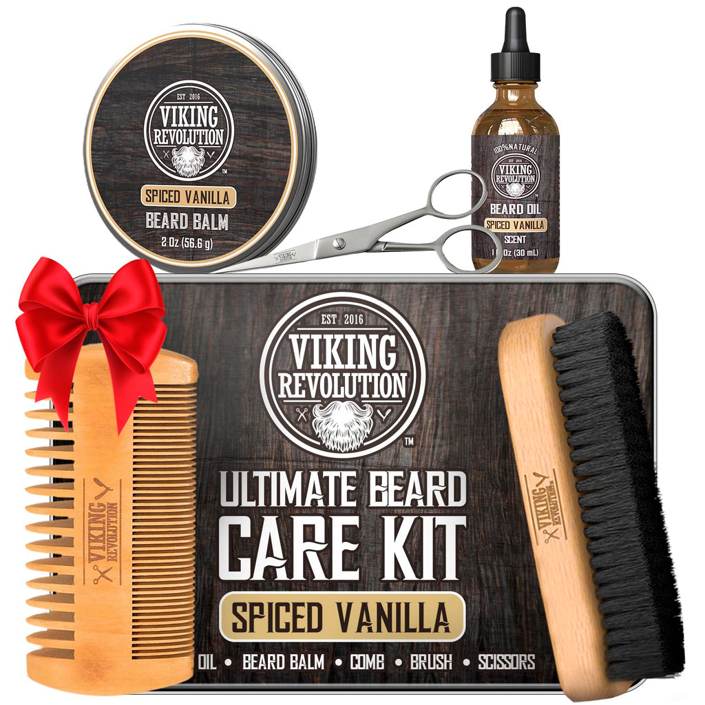 Viking Revolution Ultimate Beard Kit Spiced Vanilla – Beard Grooming Set for Men (Brush, Comb, Oil, Balm, Scissors)