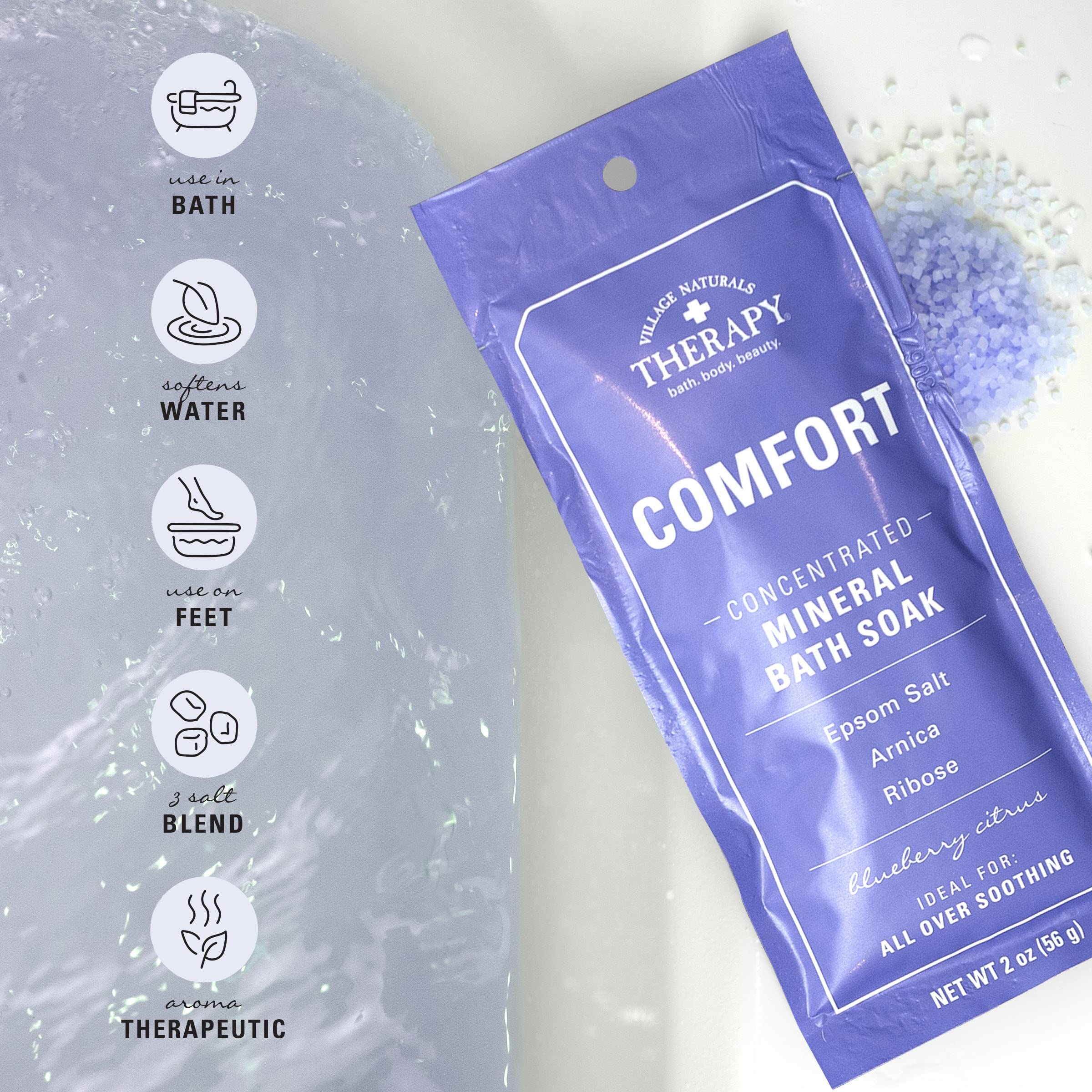 Village Naturals Therapy Comfort Mineral Bath Soak – Blueberry Citrus, 2 oz, Pack of 12