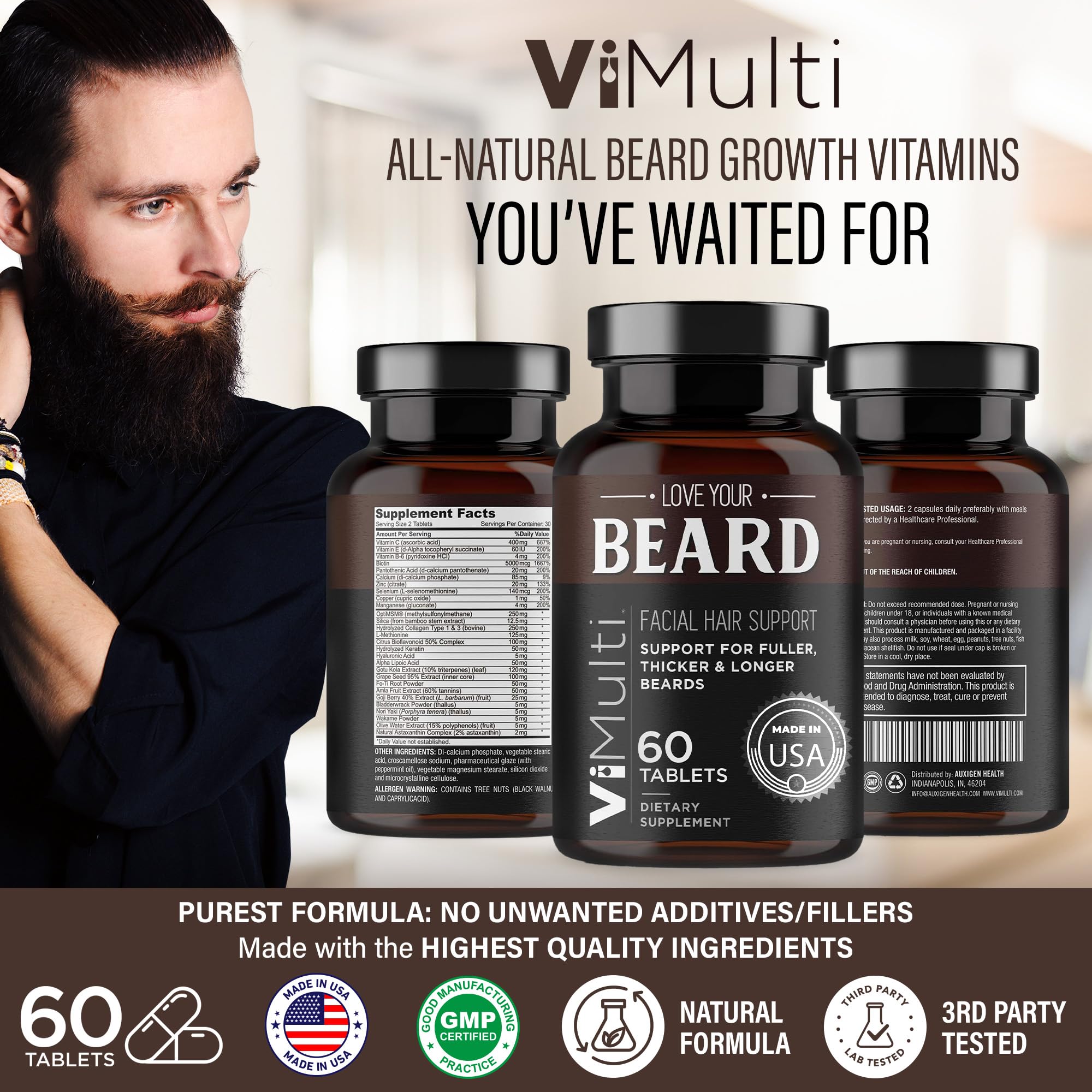 vimulti Love Your Beard Growth Vitamins – Thicker, Fuller, Healthier Facial Hair for Men