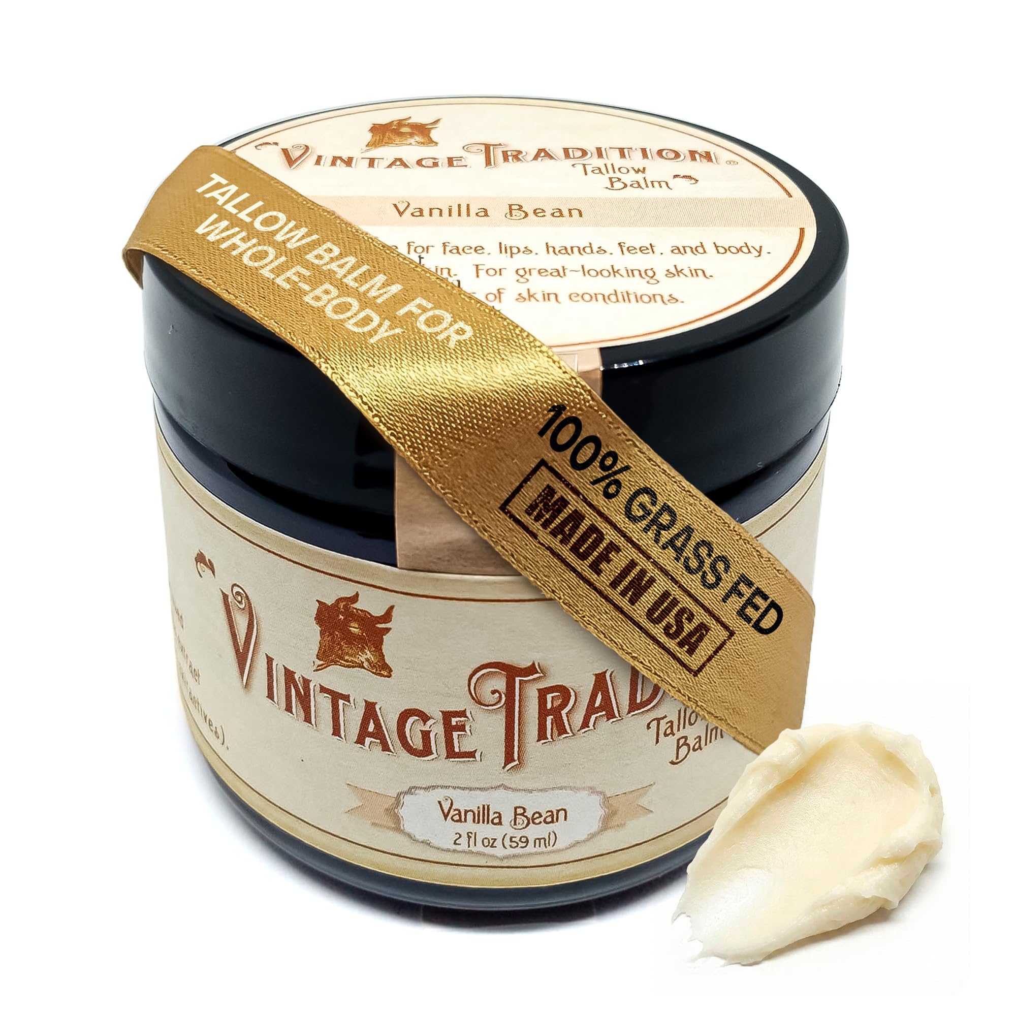 Vintage Tradition Beef Tallow Balm – All-Purpose Skin Salve with Mild Vanilla, Olive Oil, and Grass-Fed Tallow | 2 fl oz