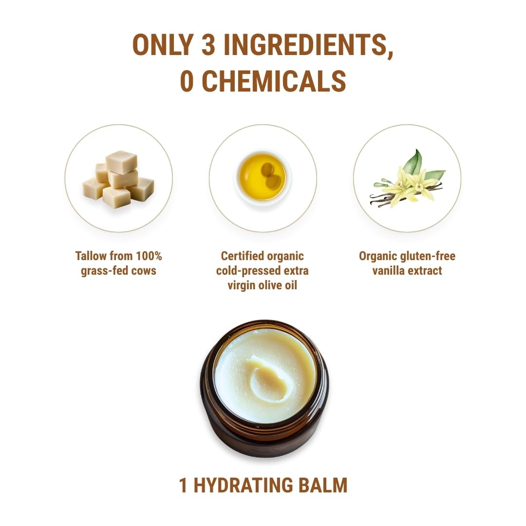 Vintage Tradition Beef Tallow Balm – All-Purpose Skin Salve with Mild Vanilla, Olive Oil, and Grass-Fed Tallow | 2 fl oz