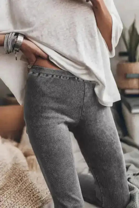 Vintage Wash Ribbed Leggings - Dark Grey