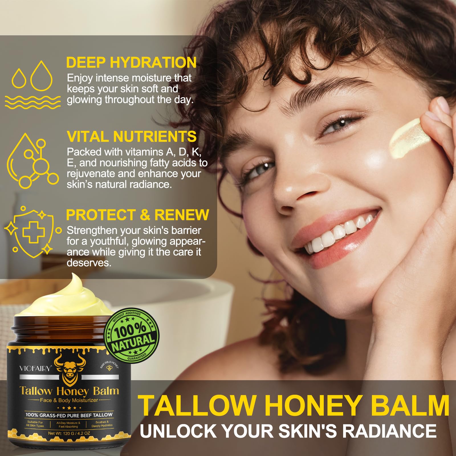 VIOFAIRY Beef Tallow Balm with Raw Honey – Grass-Fed Tallow & Wild Honey, Organic Face & Body Moisturizer, 4.2 oz