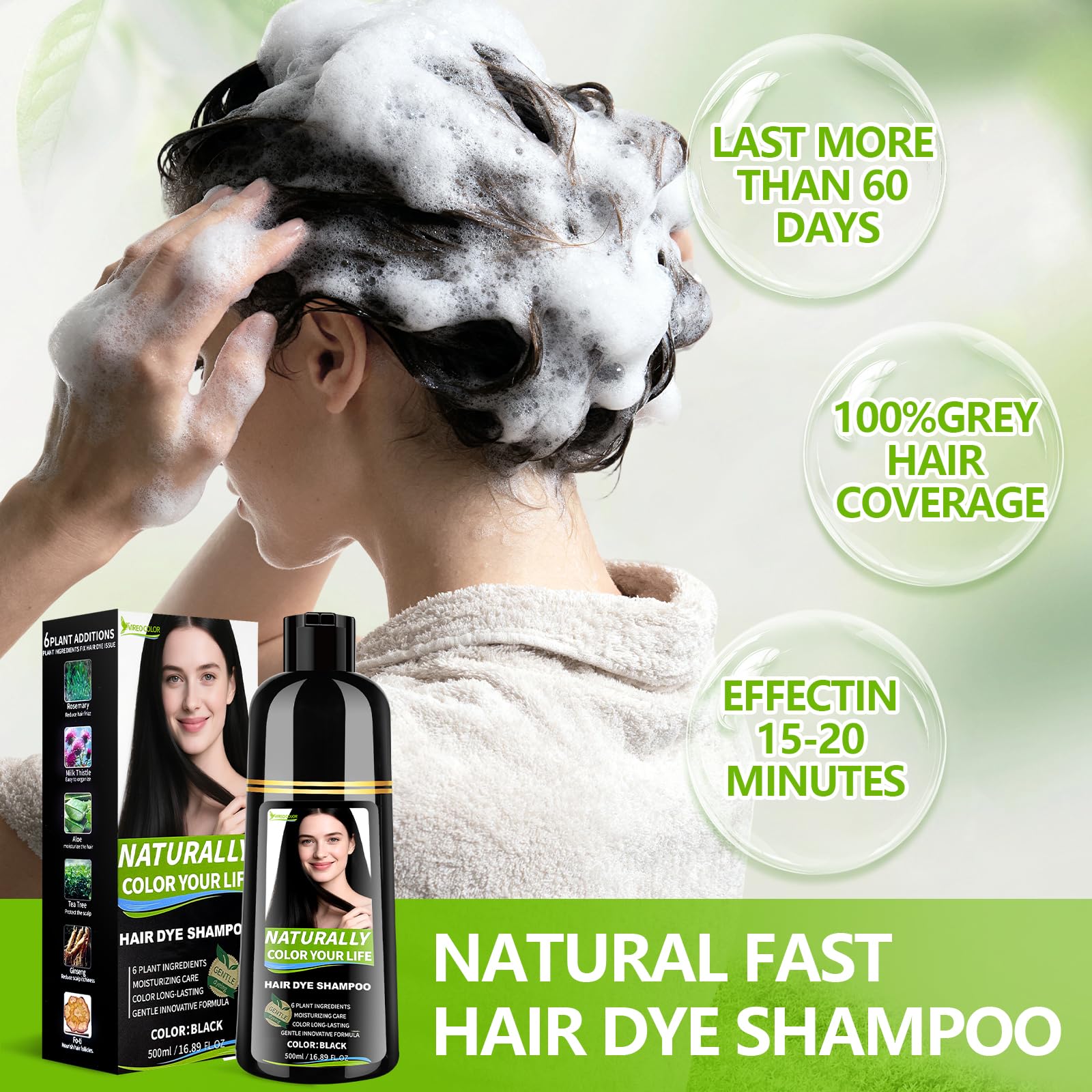 Vireo Color Black Hair Dye Shampoo for Gray Hair – 3 in 1 Herbal Color (Ammonia-Free)