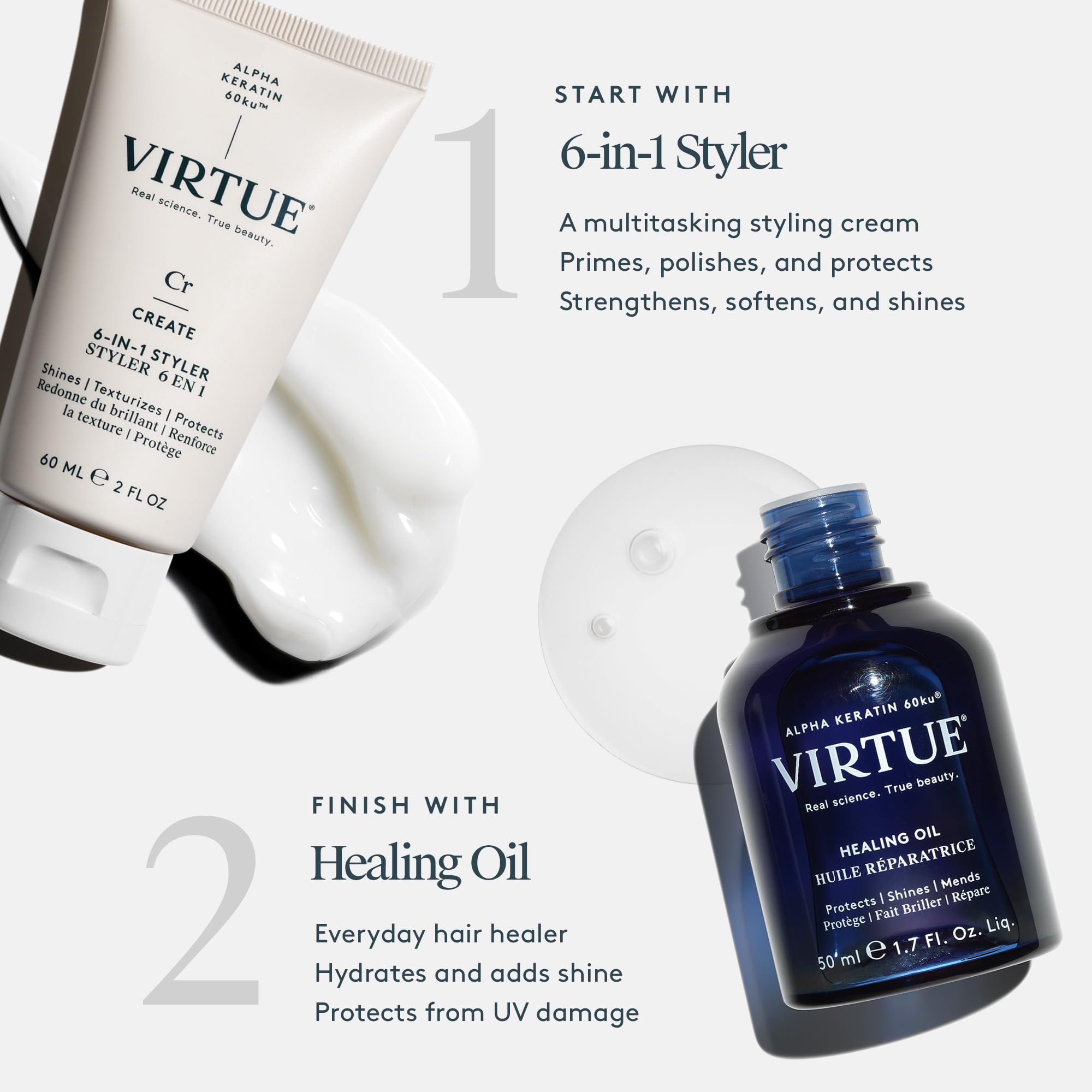 VIRTUE Healing Hair Oil & 6-in-1 Styling Cream Bundle – Repair, Protect, Style for All Hair Types