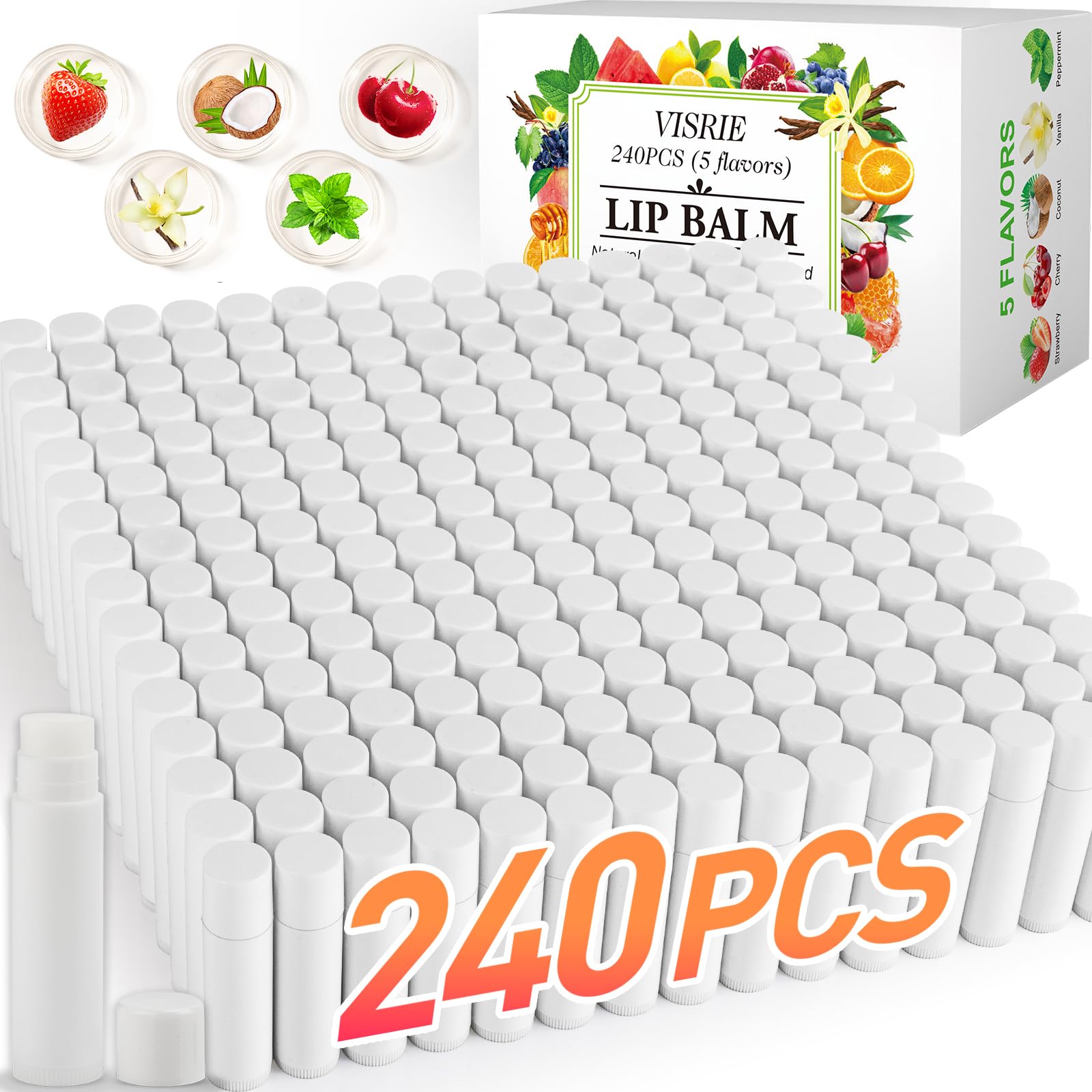 VISRIE 240-Pack Unlabeled Lip Balm Tubes – 5 Flavors, DIY Party Favors