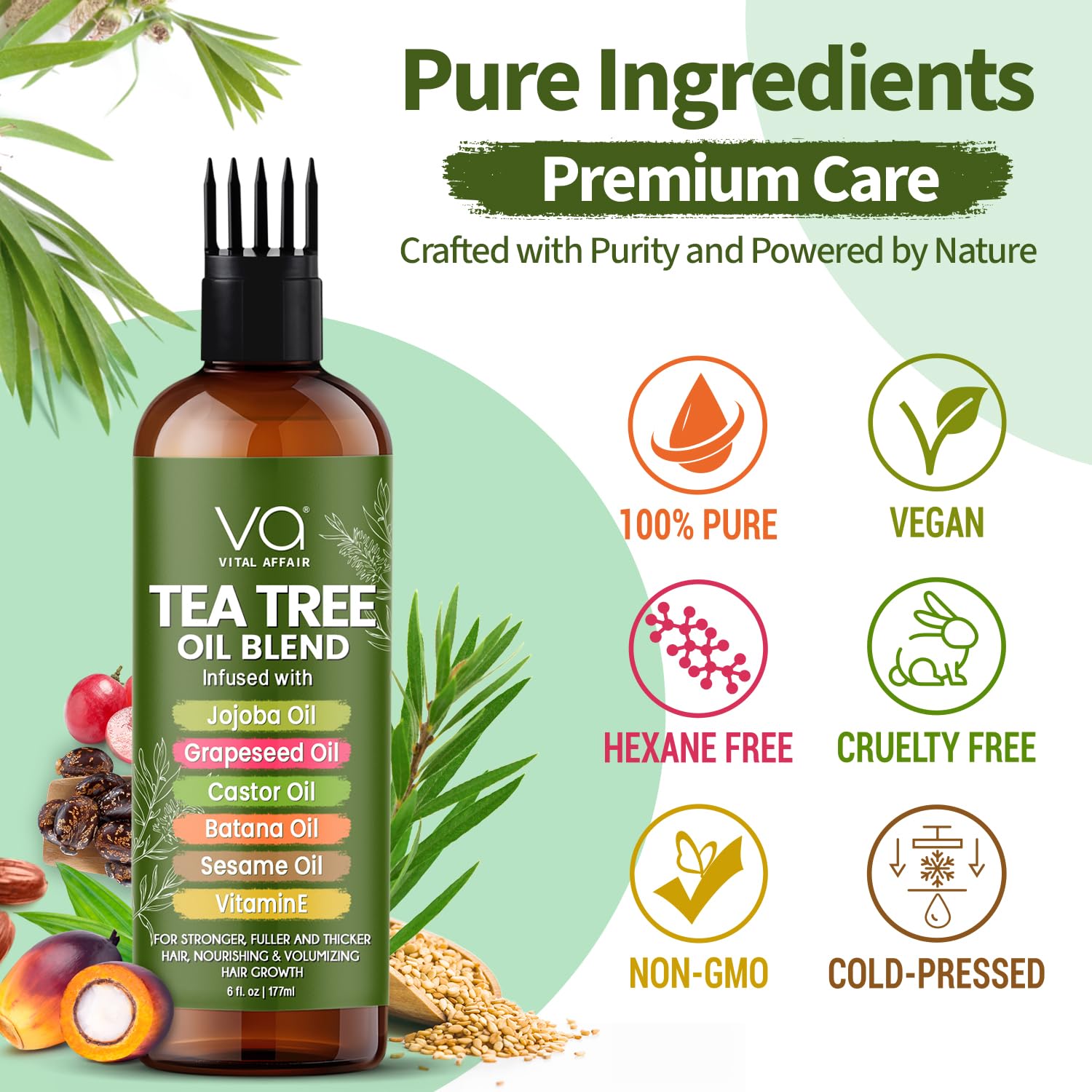 VITAL AFFAIR Tea Tree Oil Hair Treatment with Jojoba, Castor & Batana Oil – Dandruff Control & Hair Strength (6 Fl Oz)