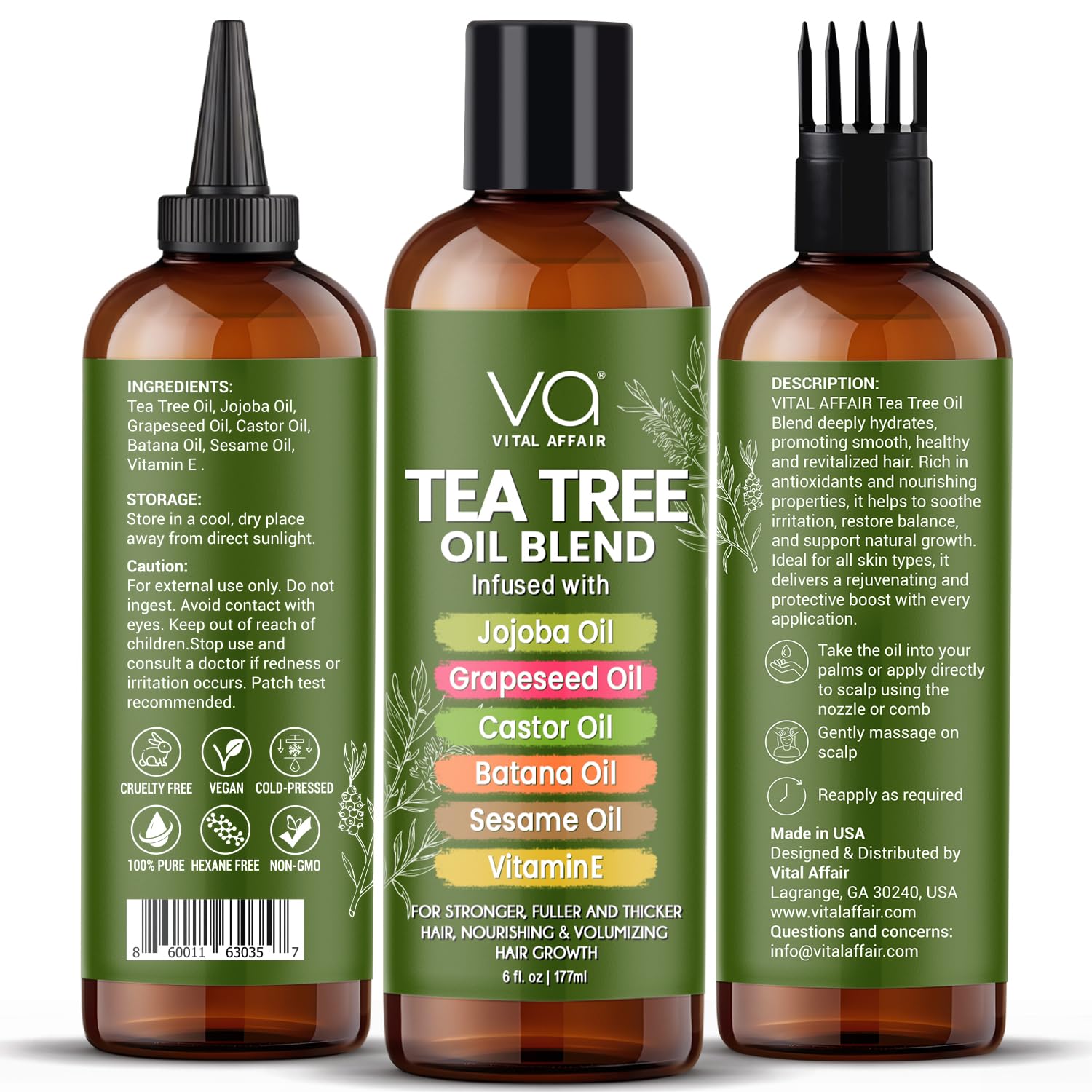 VITAL AFFAIR Tea Tree Oil Hair Treatment with Jojoba, Castor & Batana Oil – Dandruff Control & Hair Strength (6 Fl Oz)