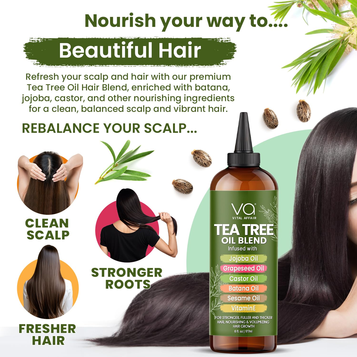 VITAL AFFAIR Tea Tree Oil Hair Treatment with Jojoba, Castor & Batana Oil – Dandruff Control & Hair Strength (6 Fl Oz)