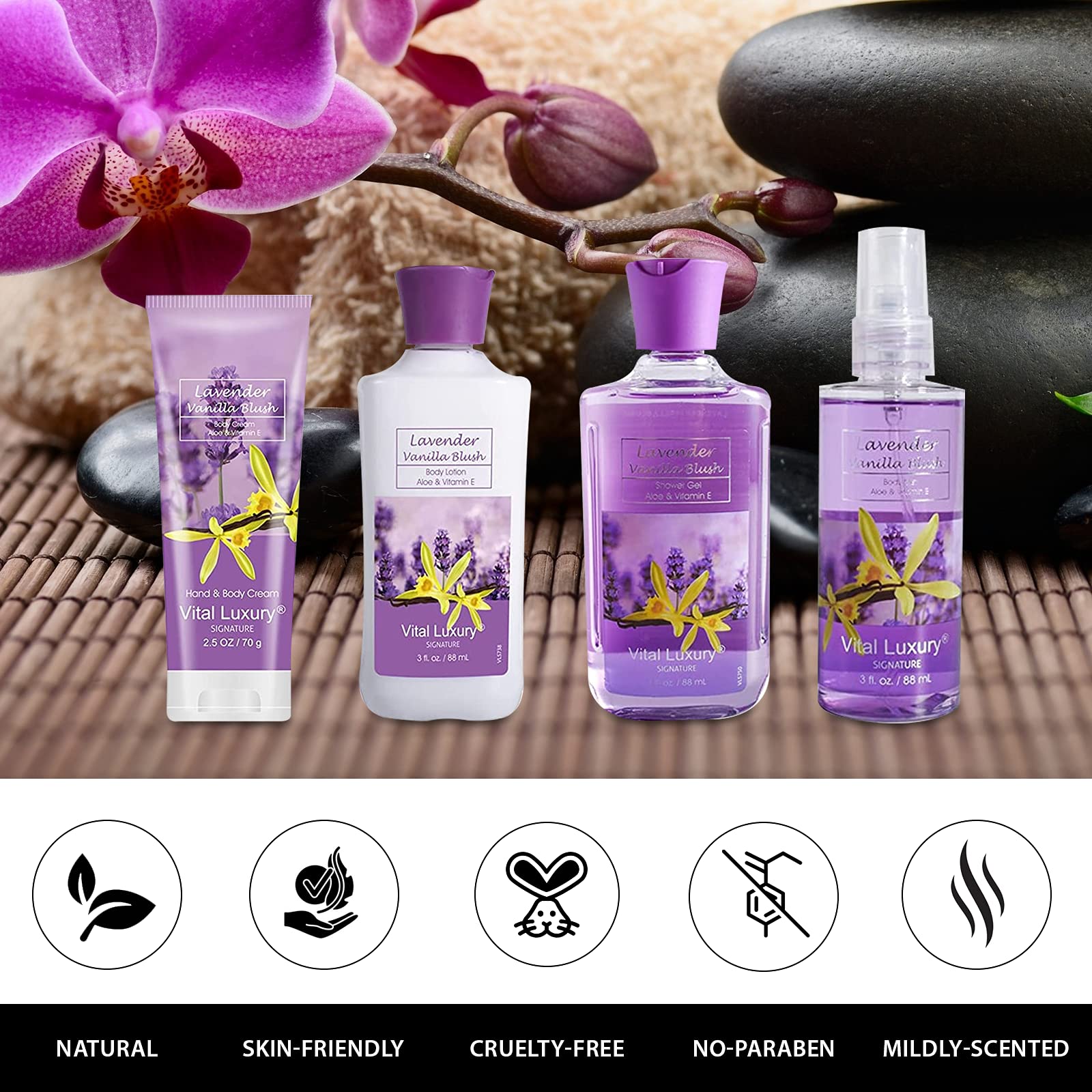 Vital Luxury Lavender Vanilla Blush Bath & Body Kit – 4×3 oz Spa Gift Set