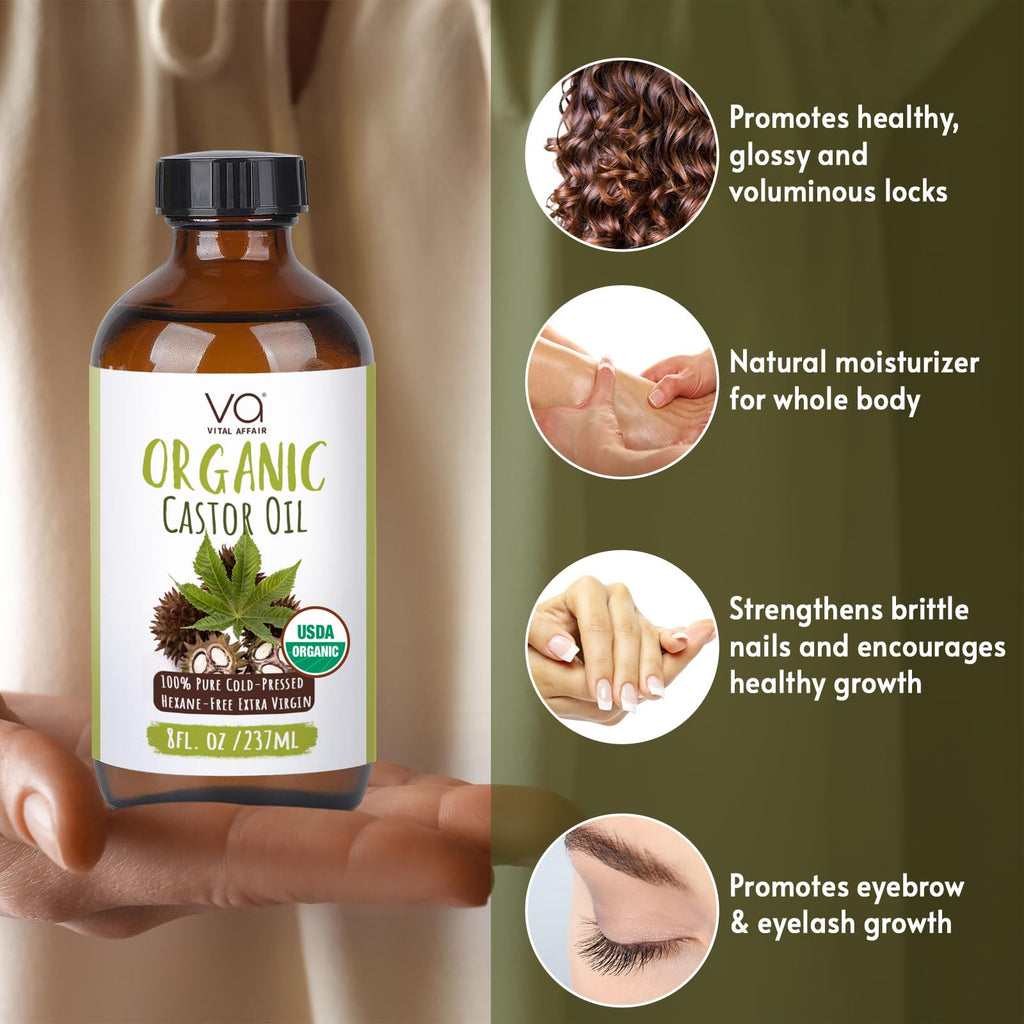 VITAL AFFAIR Castor Oil – Organic Cold-Pressed, Glass Bottle, 8 oz for Hair, Skin, Lashes & Nails