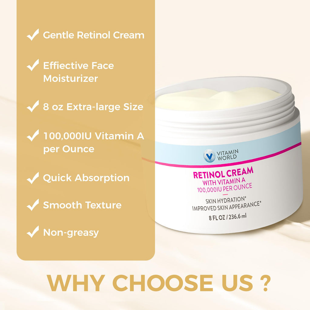 Vitamin World Retinol Cream 100,000 IU | Gentle Night Cream with Retinyl Palmitate, Coconut Oil & Vitamin E