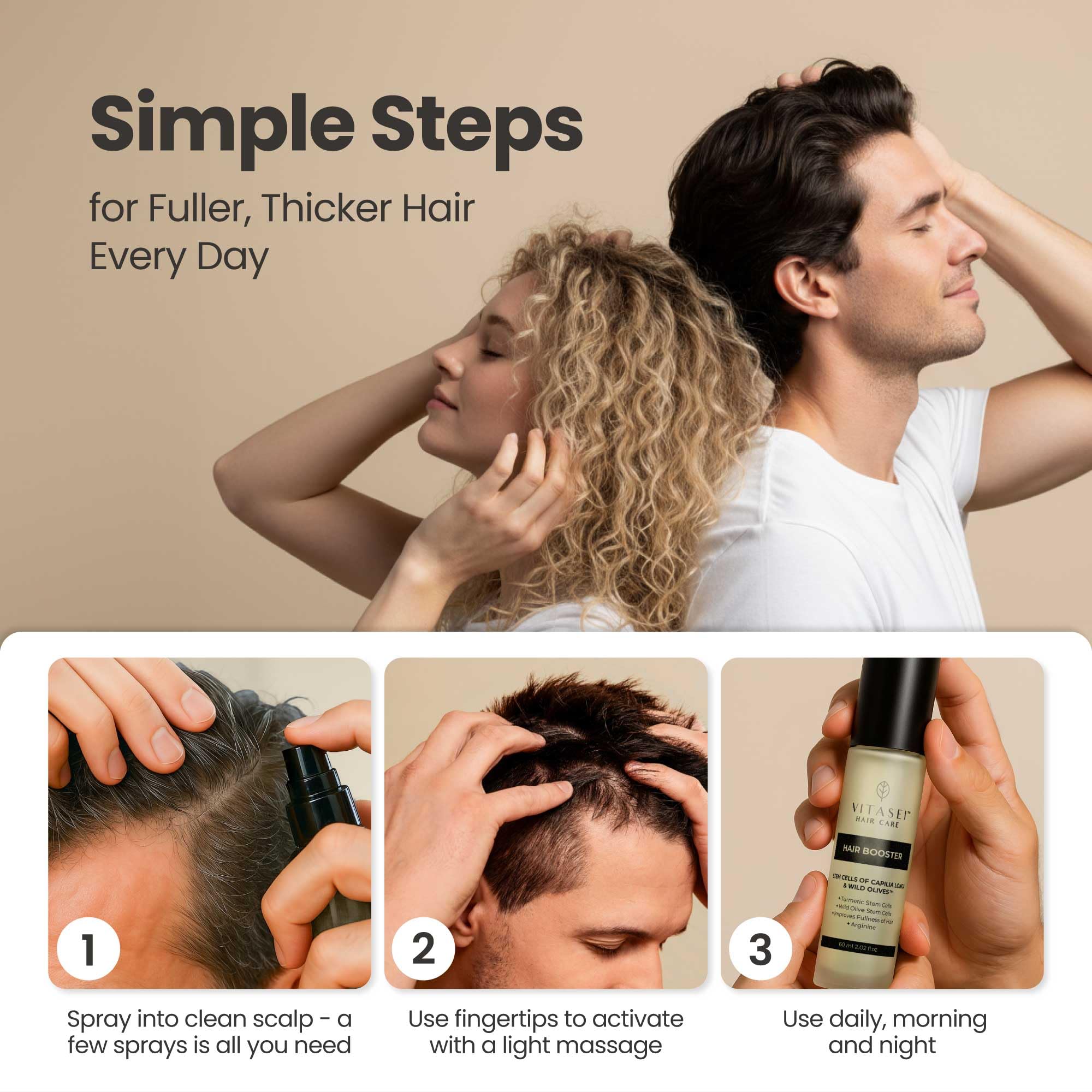 Vitasei Hair Booster 2 Fl Oz (3 Pack) – Capilia Longa, Wild Olive Stem Cells & Arginine for Thicker, Stronger Hair