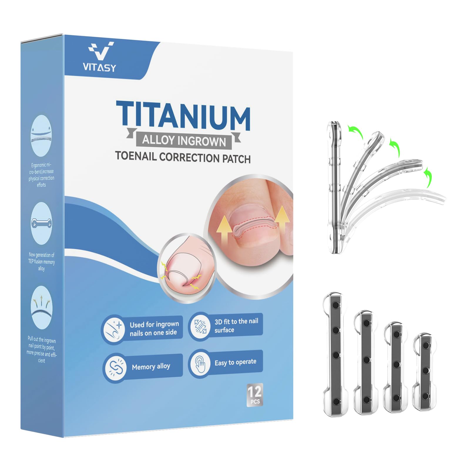 VITASY 12Pcs Ingrown Toenail Corrector Strips – 4 Sizes, Quick Home Relief Kit