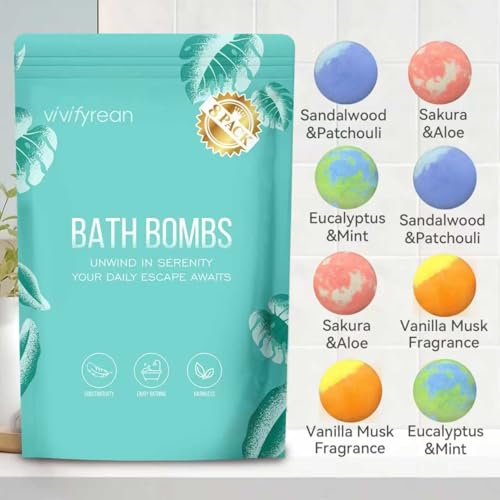 Vivifyrean Bath Bombs Gift Set – 8 Organic Fizzing Bath Bombs for Women