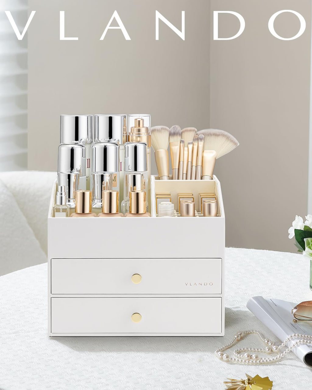 Vlando Makeup Organizer for Vanity – Large Capacity PU Leather Cosmetic Display Case (White)