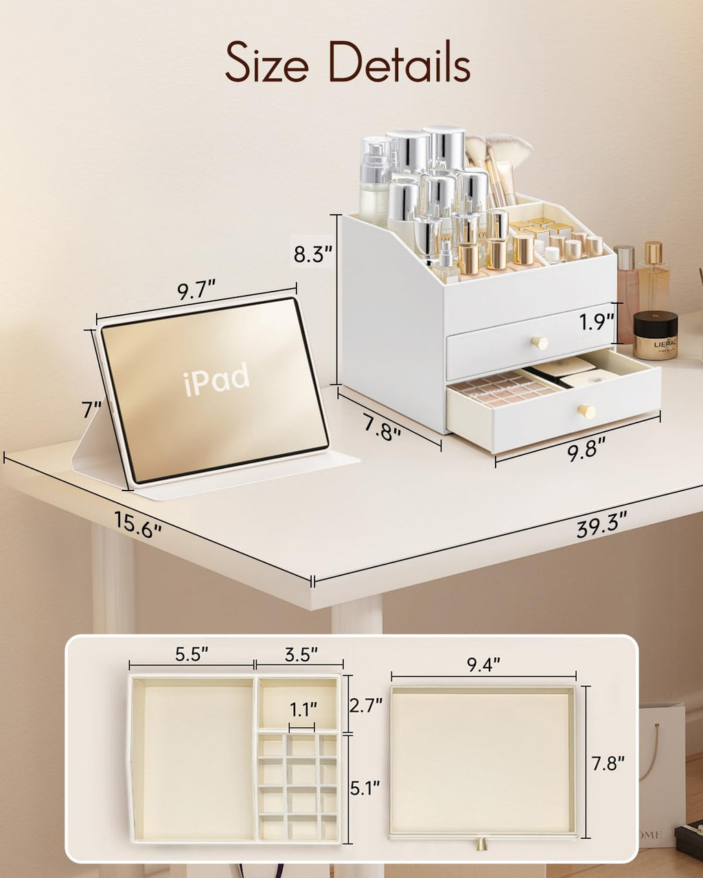 Vlando Makeup Organizer for Vanity – Large Capacity PU Leather Cosmetic Display Case (White)