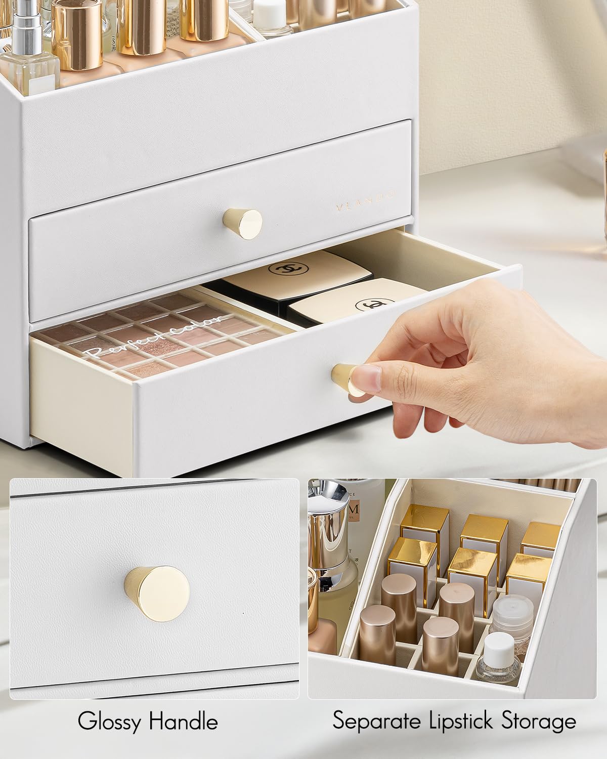 Vlando Makeup Organizer for Vanity – Large Capacity PU Leather Cosmetic Display Case (White)