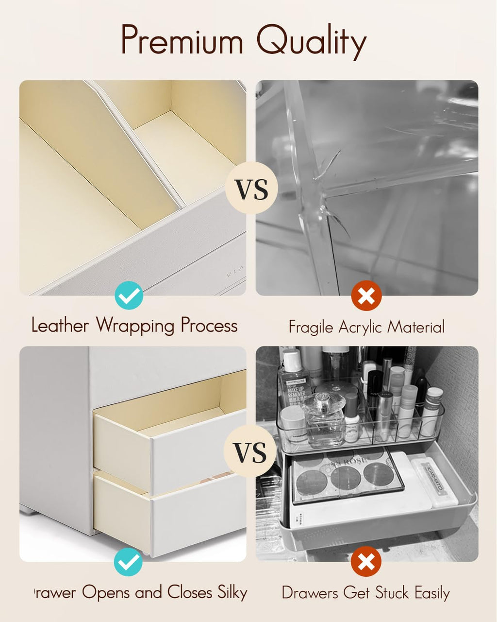 Vlando Makeup Organizer for Vanity – Large Capacity PU Leather Cosmetic Display Case (White)