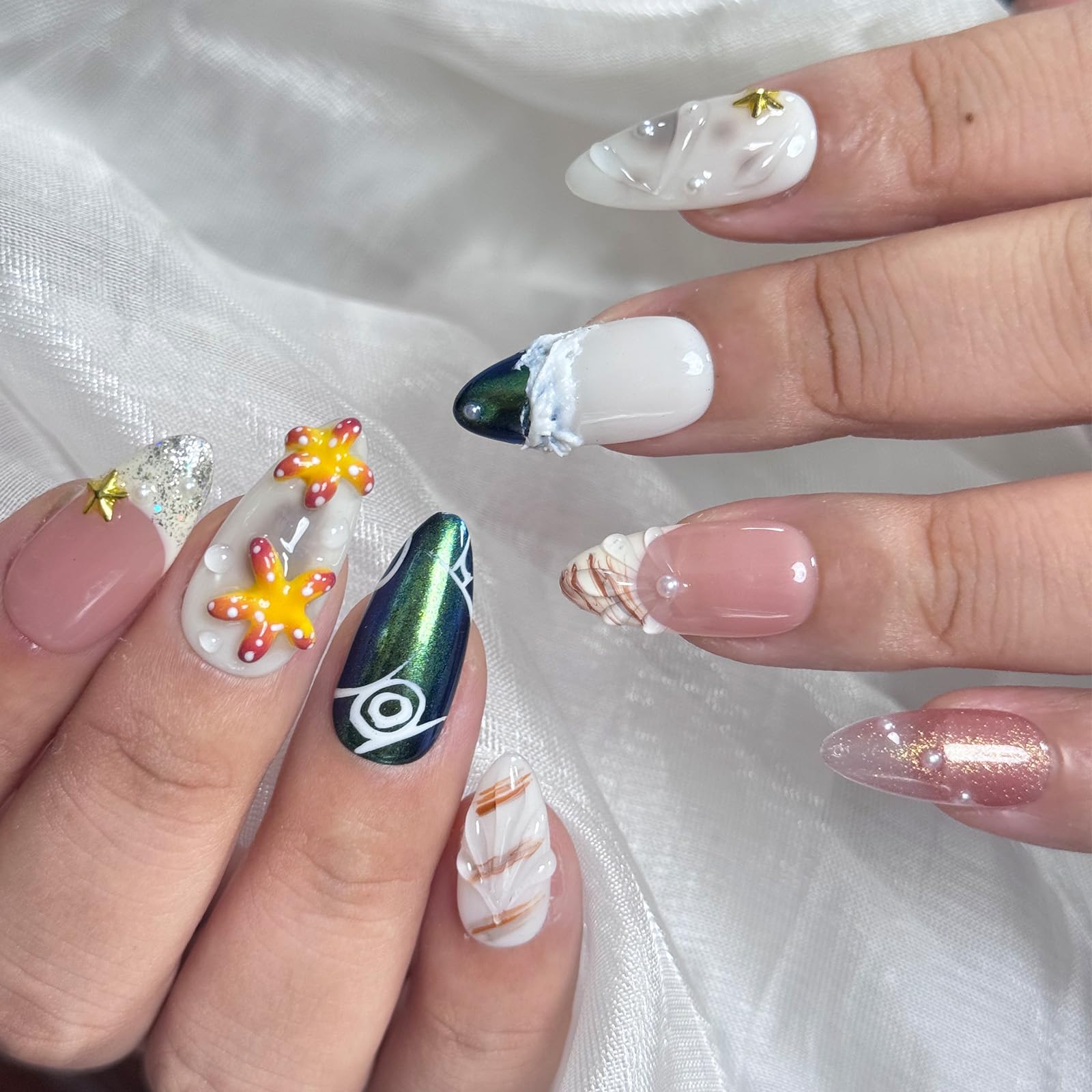 Vlazryk Handmade 3D Almond Press On Nails – Mermaid Chrome with Pearl Shell & Sea Life, Seabed World, 10 Pcs