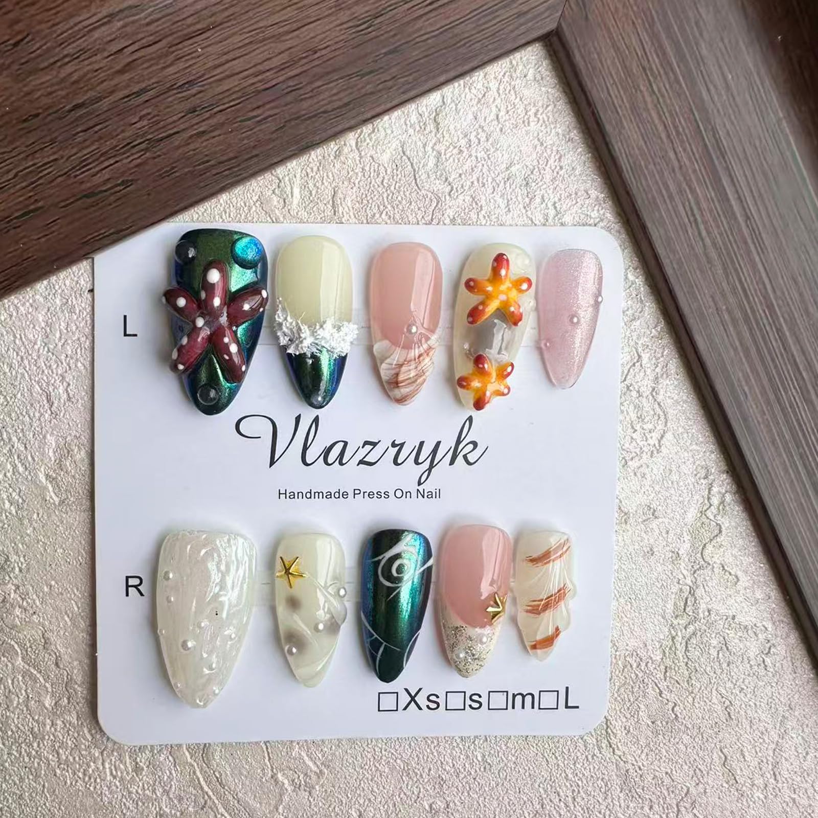Vlazryk Handmade 3D Almond Press On Nails – Mermaid Chrome with Pearl Shell & Sea Life, Seabed World, 10 Pcs
