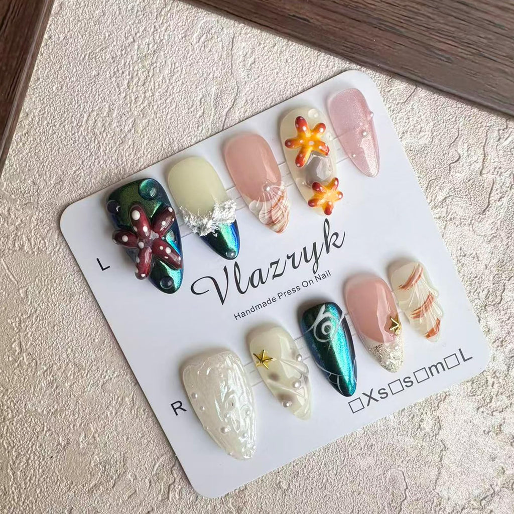 Vlazryk Handmade 3D Almond Press On Nails – Mermaid Chrome with Pearl Shell & Sea Life, Seabed World, 10 Pcs