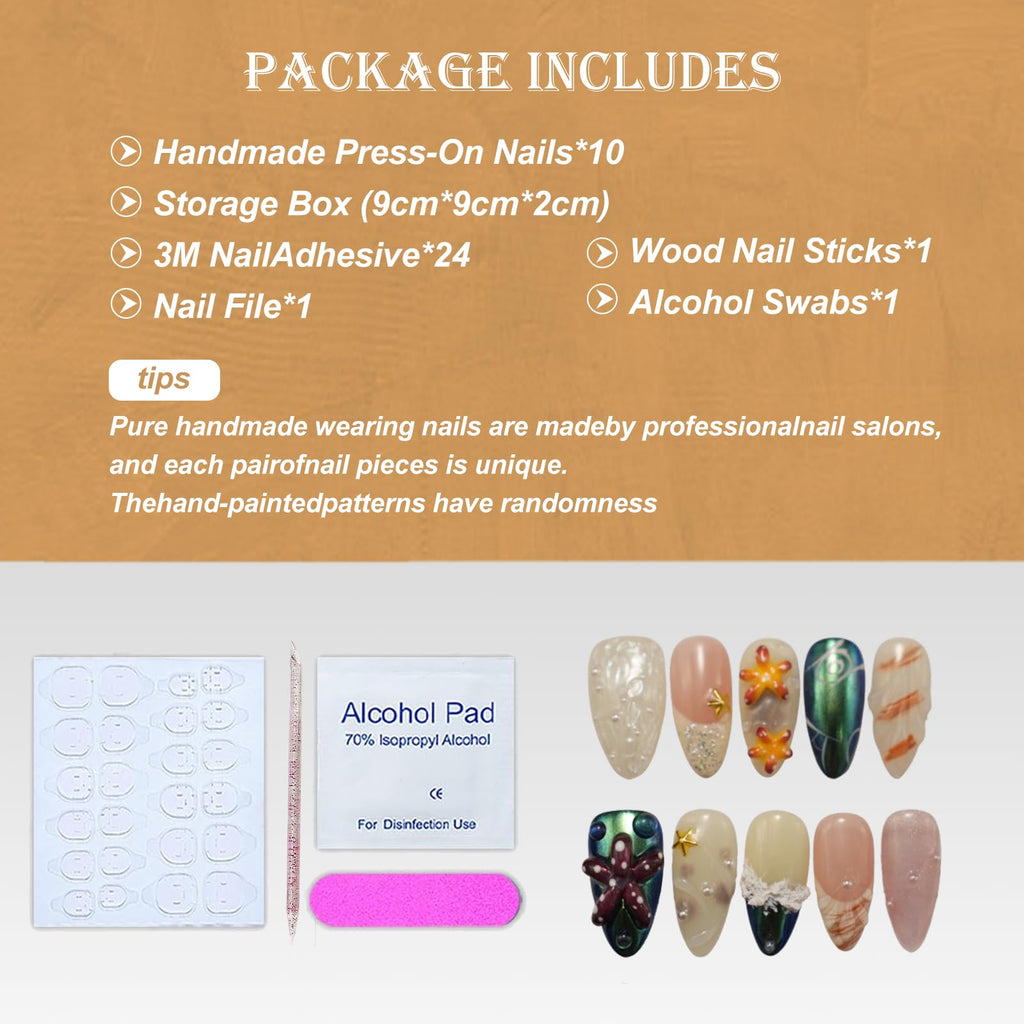 Vlazryk Handmade 3D Almond Press On Nails – Mermaid Chrome with Pearl Shell & Sea Life, Seabed World, 10 Pcs