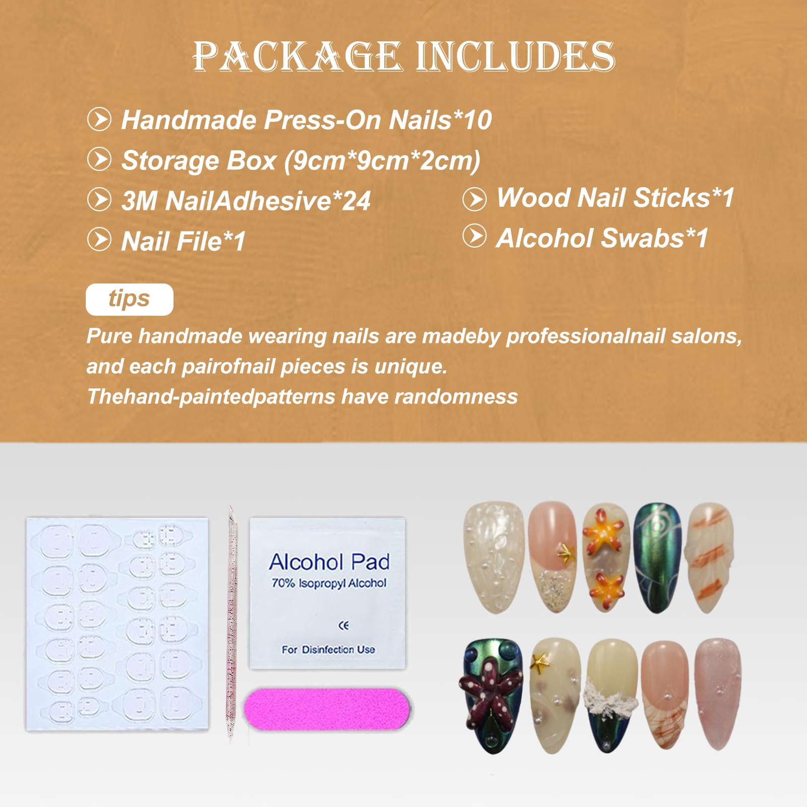 Vlazryk Handmade 3D Almond Press On Nails – Mermaid Chrome with Pearl Shell & Sea Life, Seabed World, 10 Pcs
