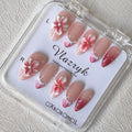 Vlazryk Flower Press Nails – Medium Almond, 3D Ripple Pearl with Gold Chrome Tips