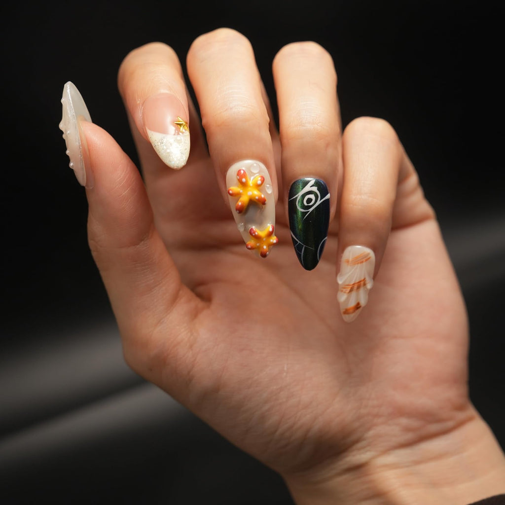 Vlazryk Handmade 3D Almond Press On Nails – Mermaid Chrome with Pearl Shell & Sea Life, Seabed World, 10 Pcs