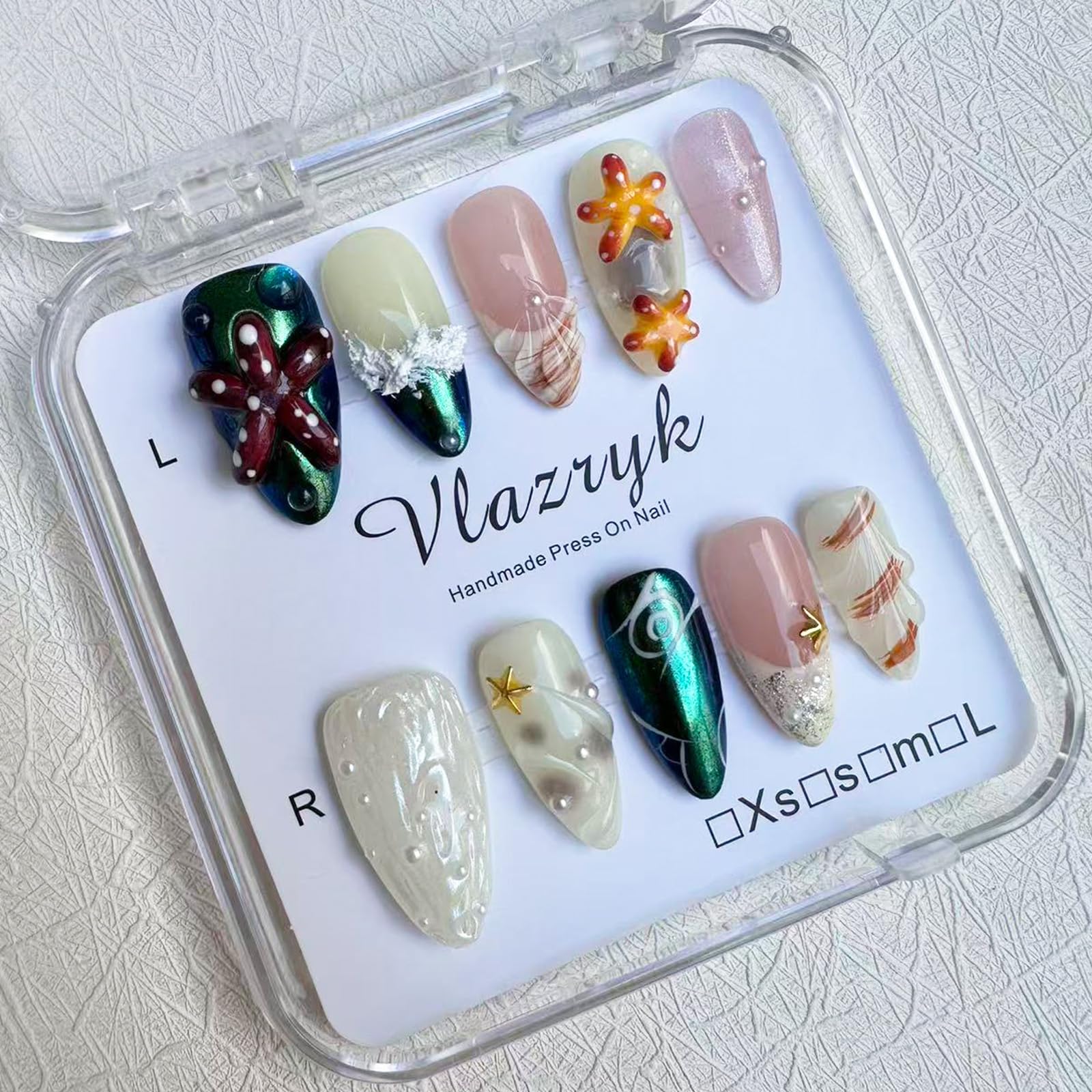 Vlazryk Handmade 3D Almond Press On Nails – Mermaid Chrome with Pearl Shell & Sea Life, Seabed World, 10 Pcs