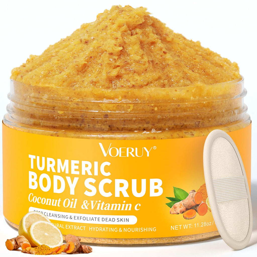 VOERUY Turmeric Body Scrub – Exfoliating Salt Scrub with Coconut Oil & Vitamin C, 11.28 oz