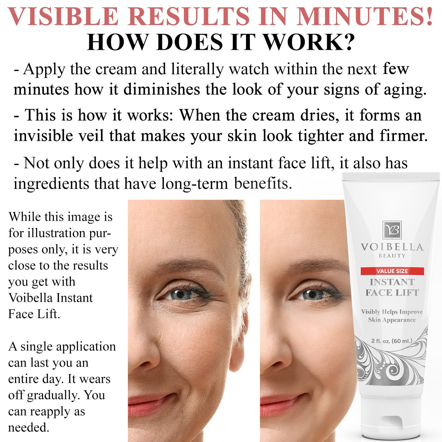 VOIBELLA BEAUTY Instant Face Lift Cream – Tightening & Firming for Eyes, Neck & Face (2 oz)