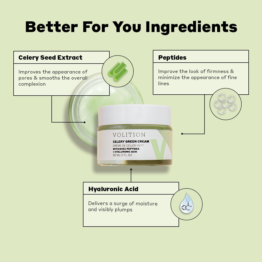 Volition Celery Green Cream with Hyaluronic Acid + Peptides – Purifies, Controls Oil, Minizes Pores | 1 oz