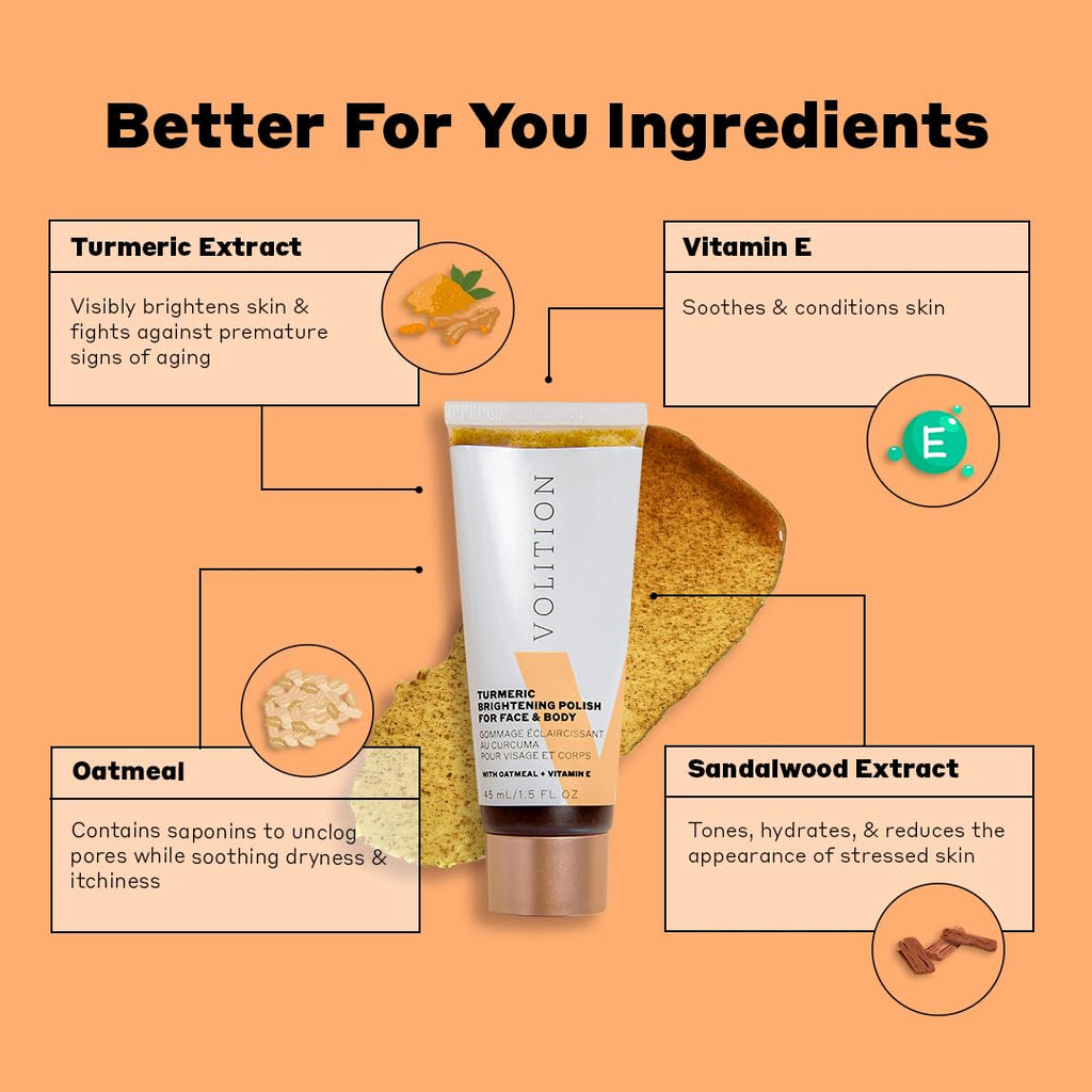 Volition Beauty Turmeric Brightening Polish with Oatmeal + Vitamin E | Exfoliating Scrub for Face & Body