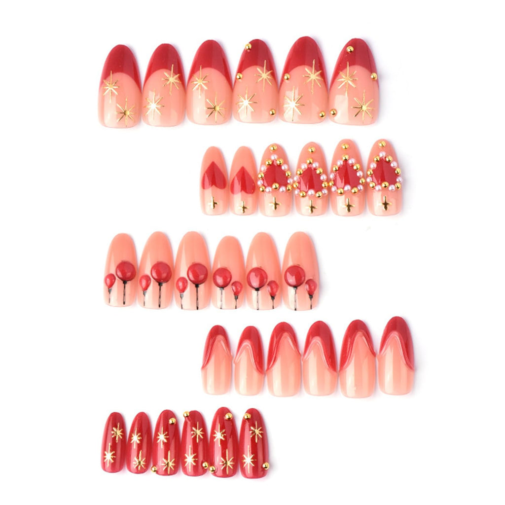 Vopintpy Romantic Valentines Press On Nails – 24 Pcs Red Heart 3D Design with Gold Stars & Pearl Shine