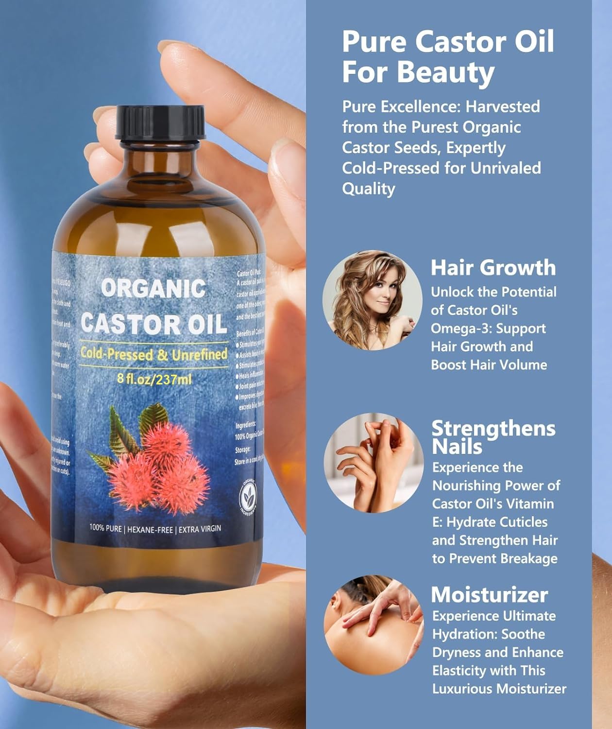 VRJEUGO Organic Castor Oil for Face Roll-On – Deep Hydration, Rollerball, 8oz Amber Glass (2 Rollers)